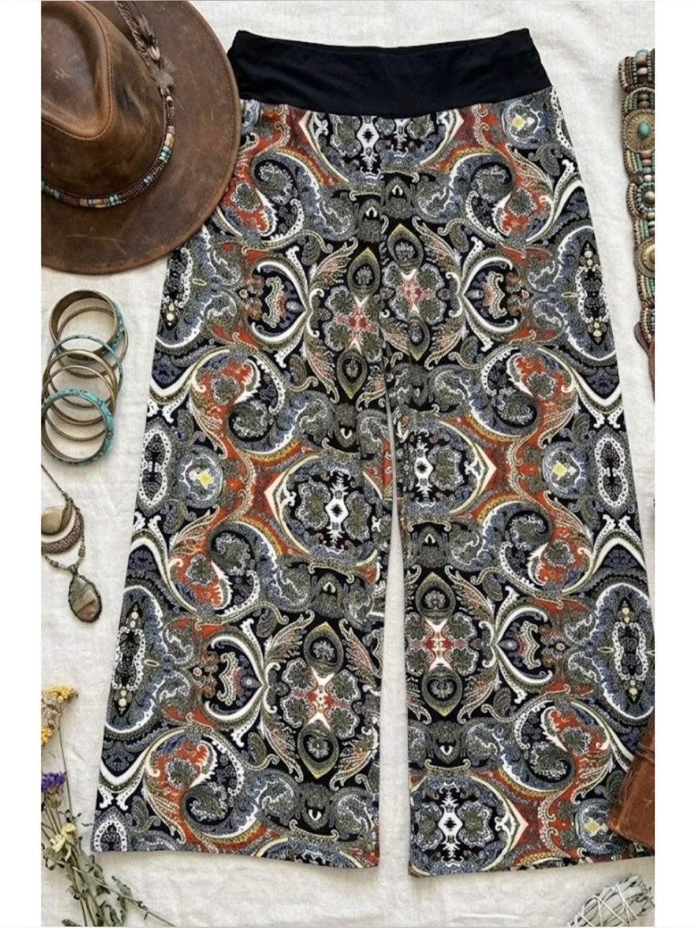 Ashley Blue Wide Leg Paisley Pull On Palazzo Pants Boho Festival